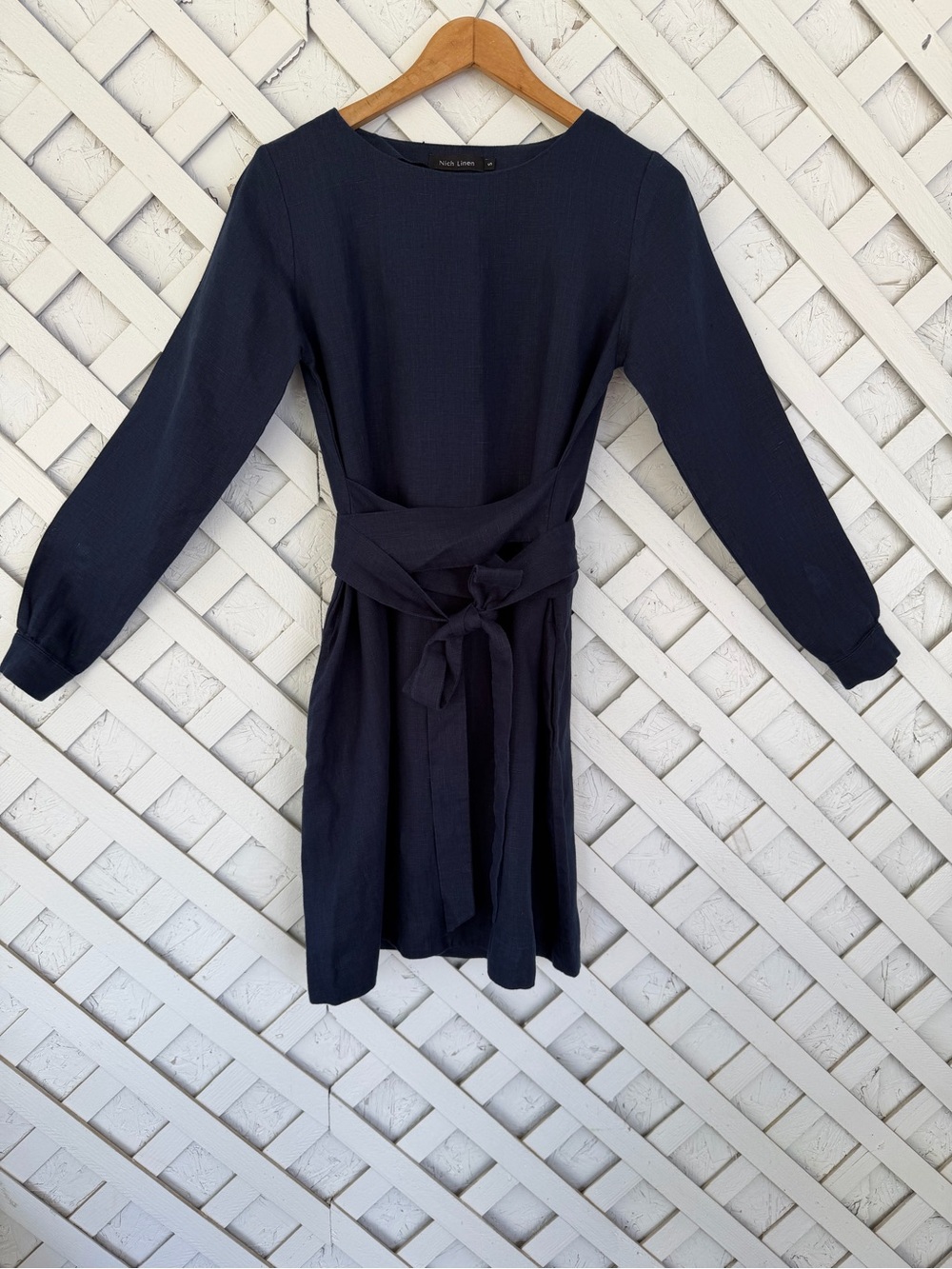 Nich Linen 100% Linen Navy Blue Tie Mini Dress Pocket Minimalist Small